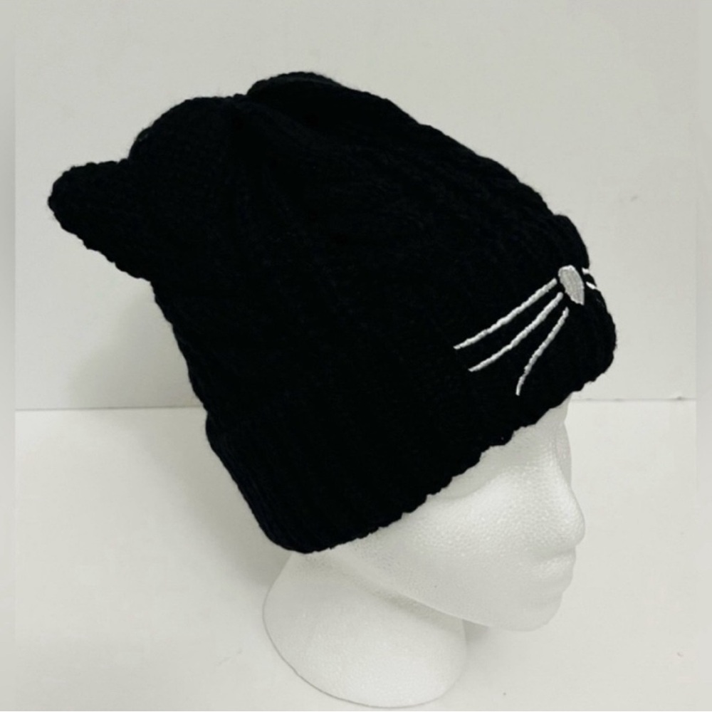New Black Cat Embroidery Stretchy Knit Hat Beanie Cap Unisex One Size Fits Most - Picture 2 of 6
